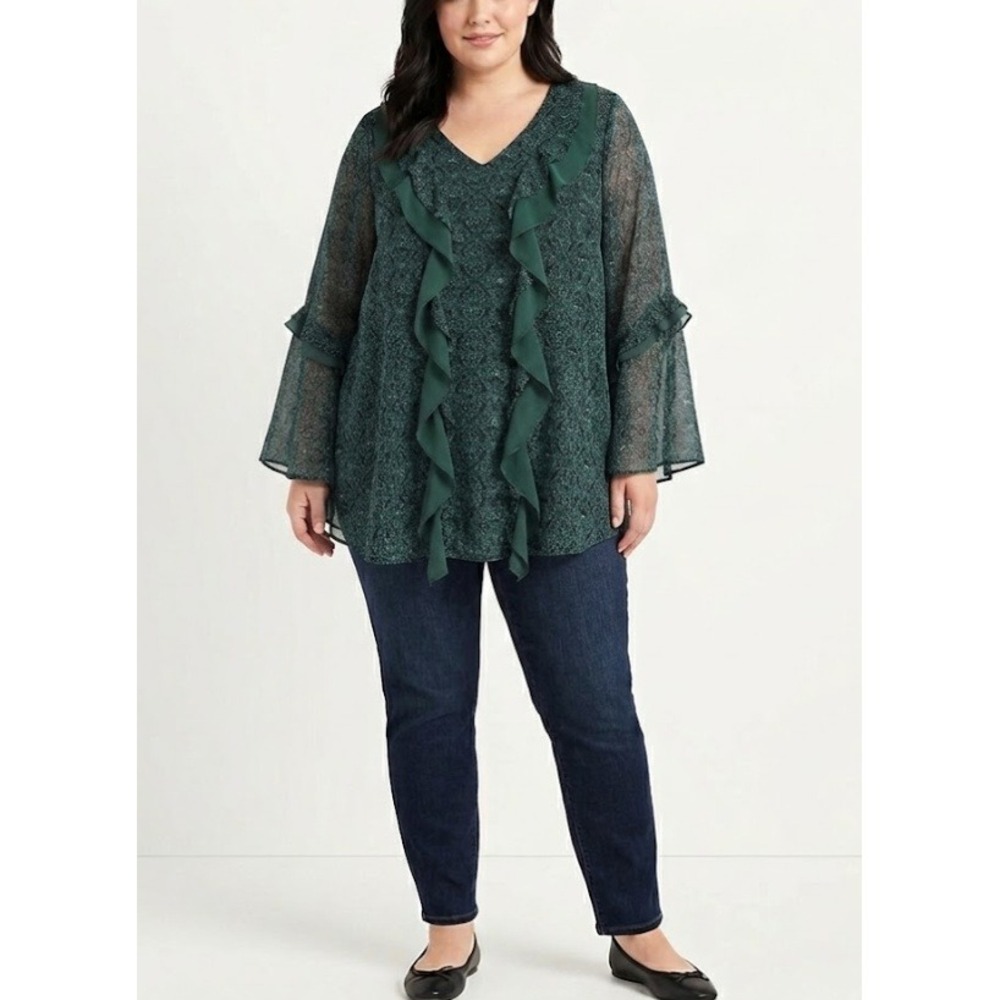 Belle Kimโ Gravel Green Black Ruffle V Neck Flare Sleeve Pullover Blouse 2X